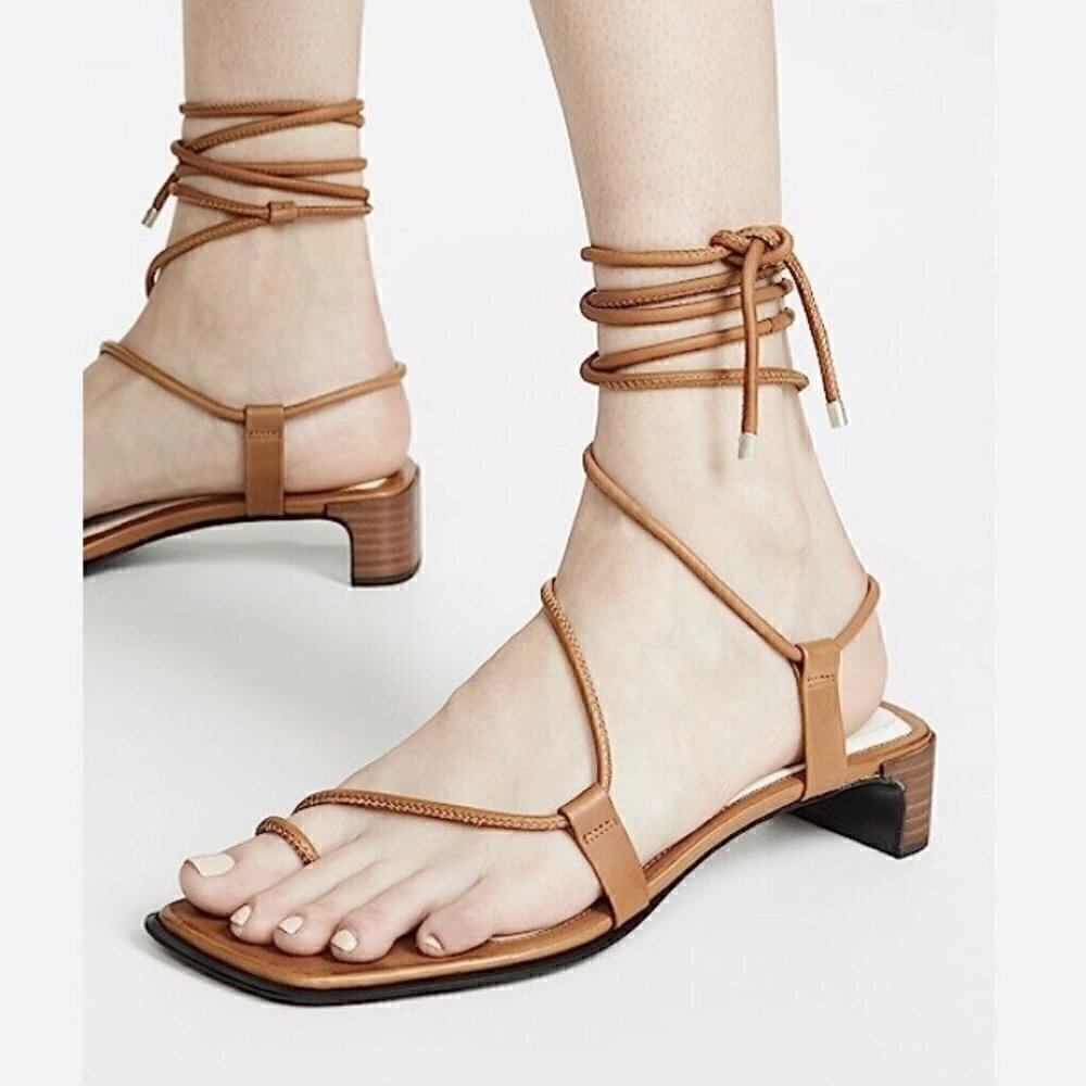Rag & Bone Cindy Leather Tie Heel Sandals Shoes Open Toe Wrap Tan 38.5 US 8.5